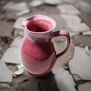 Puede incluir: Jarra de cerámica hecha a mano en un tono rojo intenso con un borde y asa rosa claro. La jarra tiene un diseño clásico con un pico para verter fácilmente. Ideal para servir bebidas.