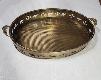 Vintage Messing Oval Serviertablett Kamel Palme Ausschnitt Galerie Rim SAC IN 12,5 "
