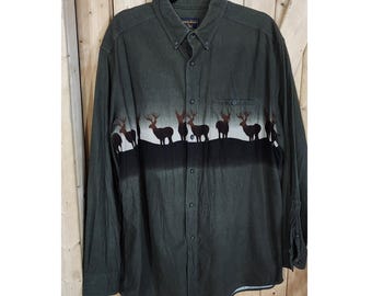 Woolrich Herren XL Olivgrün Deer Graphic Chamois Button Down Shirt Malerische Cabochon