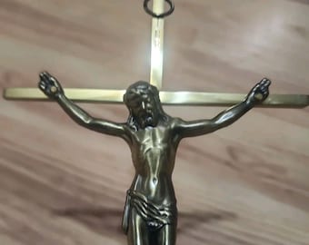Crucifijo de latón vintage de los años 80, Jesús, Cruz, INRI, adorno religioso de pared católico