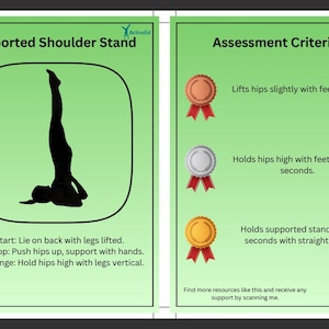 May include: Two green cards with white borders. The left card shows a black silhouette of a person in a supported shoulder stand. The right card displays assessment criteria with bronze, silver, and gold medals.