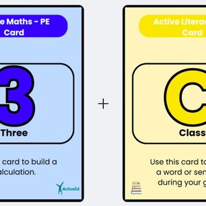 May include: Two educational cards with the text "Active Maths - PE Card" and "Active Literacy - PE Card". The first card has a large blue number 3 and the word "Three". The second card has a yellow "C" and the word "Class".