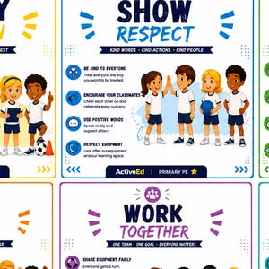 May include: A set of educational posters for primary physical education featuring illustrations of children in white and blue uniforms. The posters include text such as READY TO LEARN, SHOW RESPECT, STAY SAFE, ALWAYS TRY YOUR BEST, and WORK TOGETHER.