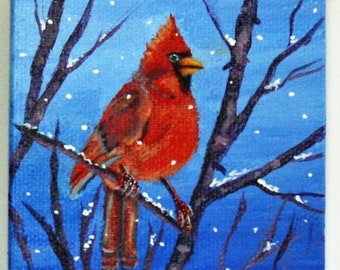 Red Cardinal, Hand Painted, Miniature Painting, Cardinal Home Decor, Nature Painting, Bird Artwork