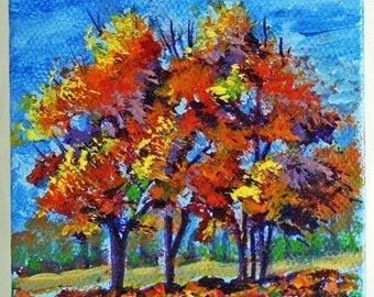 Autumn Trees Acrylic Painting, Hand Painted, Original Acrylic Painting, 3x3" Mini-Canvas, Fall Ornament