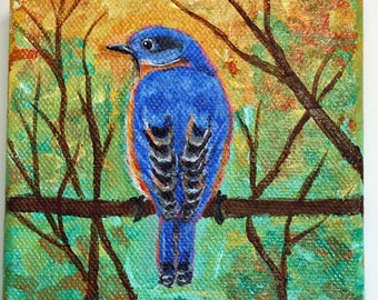 Eastern Bluebird Acrylic Mini-Canvas Painting, Bluebird Wall Art, Songbird Painting, Bird In Tree, Hand Painted, Bluebird Decor