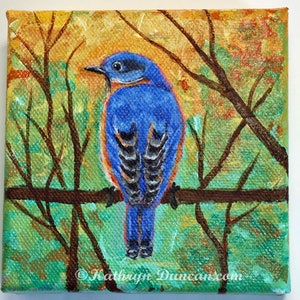 Eastern Bluebird Acrylic Mini-Canvas Painting, Bluebird Wall Art, Songbird Painting, Bird In Tree, Hand Painted, Bluebird Decor image 1