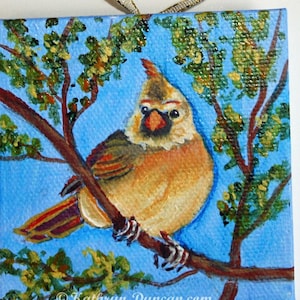 Female Cardinal Painting: Miniature Acrylic Bird Art, 3x3&quot;
