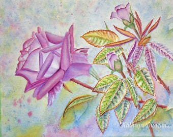 Lavender Roses Original Watercolor Painting, Spring Floral Painting, 12 x 16" Image, Matted to 16x20, Flower Wall Art, Purple, Green, Blue