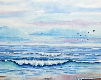 Ocean Great Lakes Sandy Beach Waves Original Watercolor Painting 9"x11" image double matted to 11" x 14" wall art for Summer Beach House