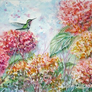 Puede incluir: Pintura a la acuarela de un colibrí posado en un arbusto en flor. La obra presenta vibrantes flores rosas, rojas y naranjas, con una hoja verde y un fondo de cielo azul suave. La firma del artista está en la esquina inferior derecha.