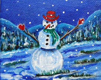 Original Snowman Landscape Mini-Canvas Acrylic Painting, Stocking Stuffer, Gift for Kids