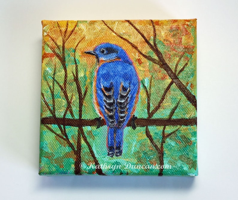 Eastern Bluebird Acrylic Mini-Canvas Painting, Bluebird Wall Art, Songbird Painting, Bird In Tree, Hand Painted, Bluebird Decor image 1