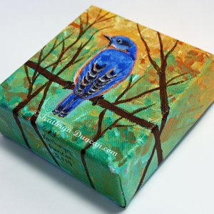 Eastern Bluebird Acrylic Mini-Canvas Painting, Bluebird Wall Art, Songbird Painting, Bird In Tree, Hand Painted, Bluebird Decor image 3