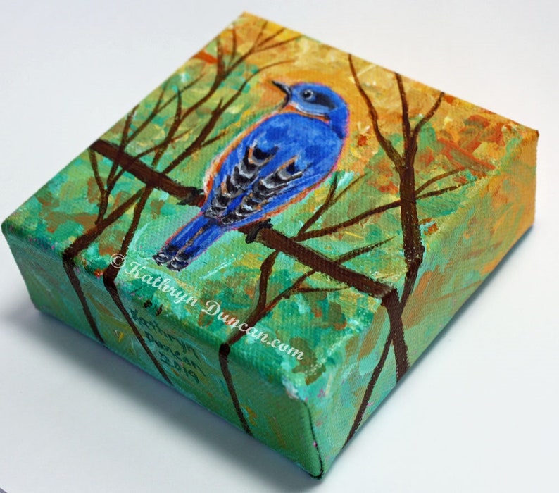 Eastern Bluebird Acrylic Mini-Canvas Painting, Bluebird Wall Art, Songbird Painting, Bird In Tree, Hand Painted, Bluebird Decor image 3