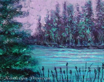 Pine Trees and Lake - Original Acrylic Landscape Painting - Moonlight, Waterscape, Purple, Teal, Green,  5x7",