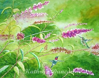 Hummingbirds Original Watercolor Painting Landscape - matted to 16x20 - Hummingbirds and Butterfly Bush, Green, Purple, Yellow