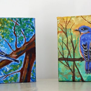 Eastern Bluebird Acrylic Mini-Canvas Painting, Bluebird Wall Art, Songbird Painting, Bird In Tree, Hand Painted, Bluebird Decor image 6