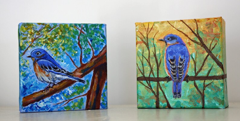 Eastern Bluebird Acrylic Mini-Canvas Painting, Bluebird Wall Art, Songbird Painting, Bird In Tree, Hand Painted, Bluebird Decor image 6