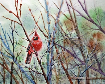 Red Cardinal in Bare Trees Original Watercolor Painting, Spring Watercolor Red Cardinal Bird Painting, 9" x 12" matted to 12" x 16"