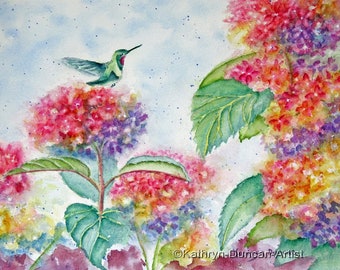 Hummingbird and Hydrangea Flowers Original Watercolor Painting, 9 x 12" image, Matted to 12 x 16", Wildlife Floral Botanical Painting