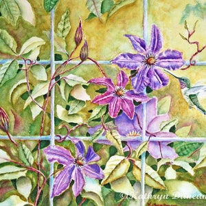 Original Hummingbird and Clematis Flowers Watercolor Painting, 12 x 16" image, Matted to 16 x 20", Wildlife Painting, violet, purple, green