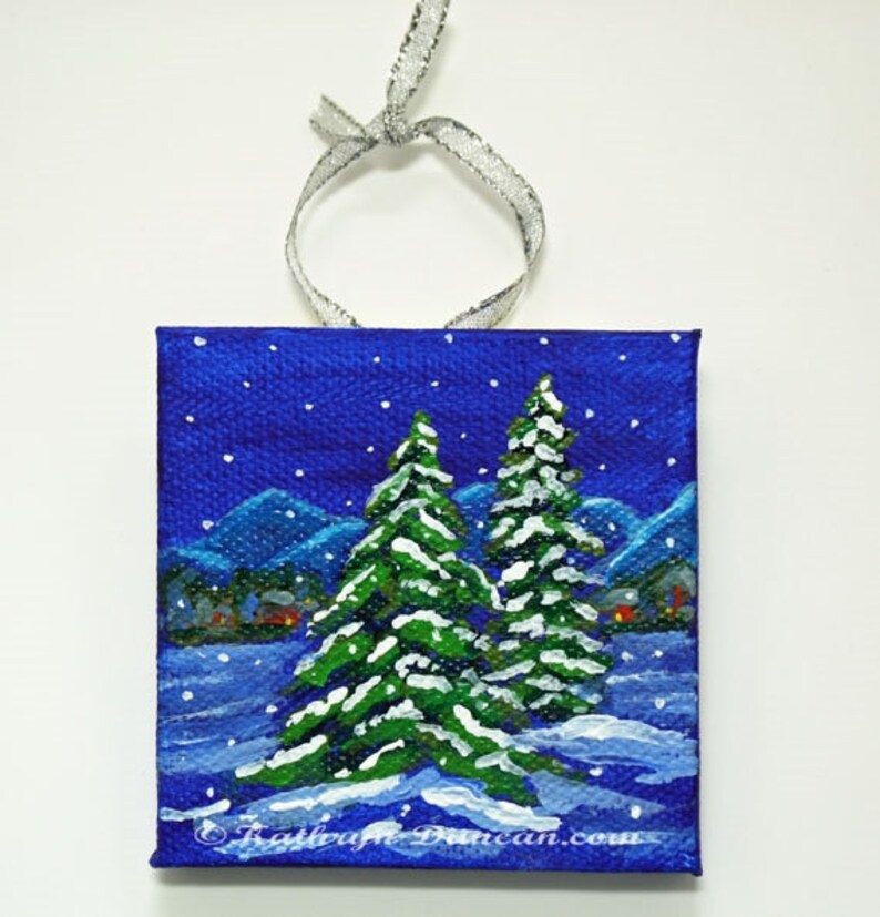 Winter Pine Trees Painting Hand Painted Acrylic Mini Canvas Etsy