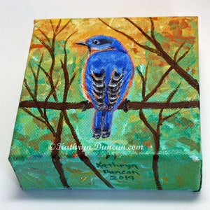 Eastern Bluebird Acrylic Mini-Canvas Painting, Bluebird Wall Art, Songbird Painting, Bird In Tree, Hand Painted, Bluebird Decor image 5