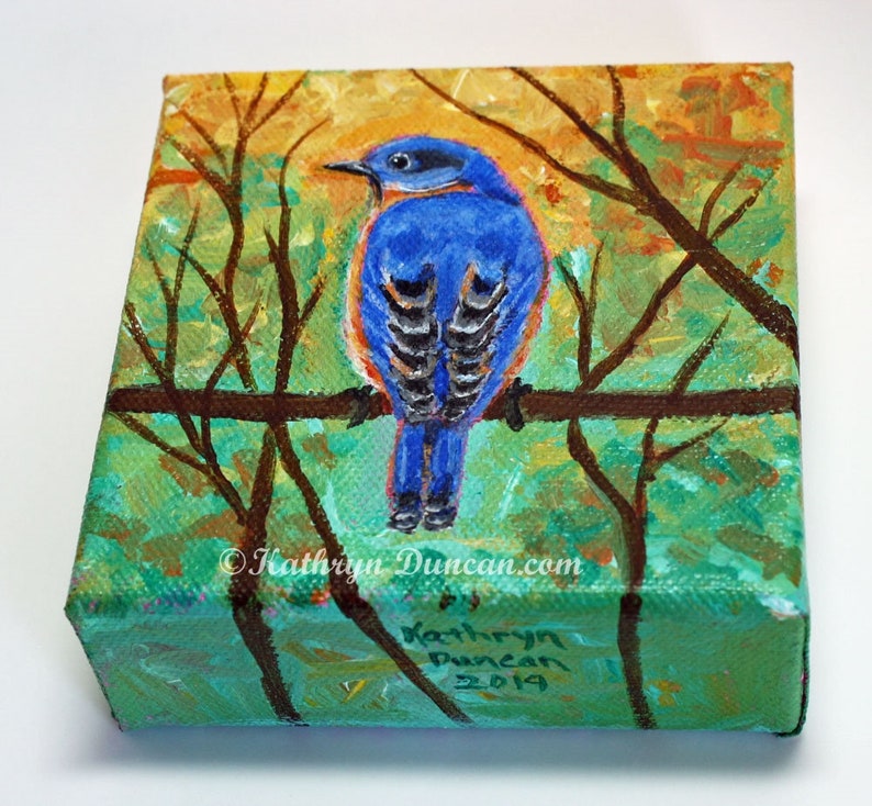 Eastern Bluebird Acrylic Mini-Canvas Painting, Bluebird Wall Art, Songbird Painting, Bird In Tree, Hand Painted, Bluebird Decor image 5