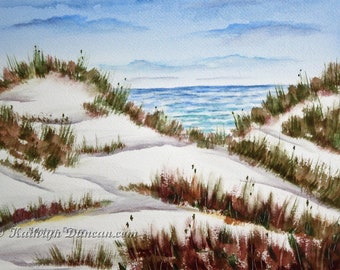 Original Sand Dunes and Sea Oats Watercolor Painting, 9 x 12 matted to 12 x 16 , Landscape Painting, Seascape Painting