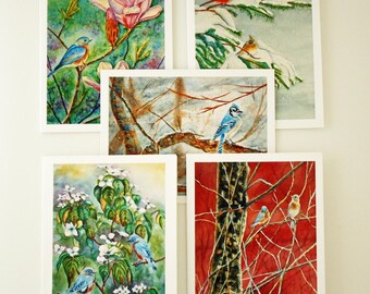 Watercolor Bird Note Cards, Blank Inside, Set of 5