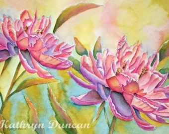 Original Pink Peonies Flowers Watercolor Painting, 12 x 16 matted to 16 x 20, Floral Wall Art, Spring Painting