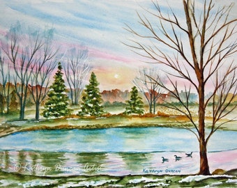 Landscape Original Watercolor Painting, Early Spring Trees, Sunset, and Pond Painting, 9" x 12" image, matted to 12" x 16"