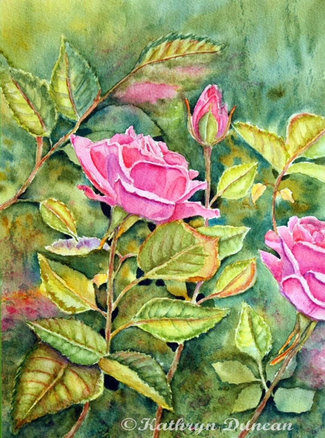 Pink Roses Watercolor Painting Print, Matted Floral Art - Etsy