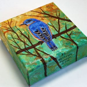 Eastern Bluebird Acrylic Mini-Canvas Painting, Bluebird Wall Art, Songbird Painting, Bird In Tree, Hand Painted, Bluebird Decor image 2