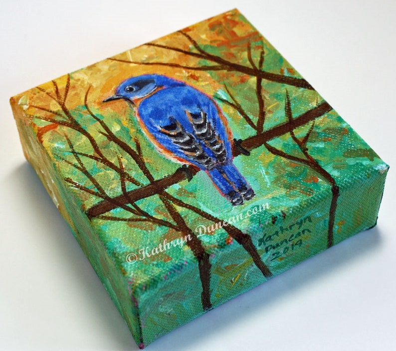 Eastern Bluebird Acrylic Mini-Canvas Painting, Bluebird Wall Art, Songbird Painting, Bird In Tree, Hand Painted, Bluebird Decor image 2