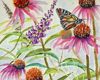 Monarch Butterfly and Purple Cone Flowers Original Watercolor Painting, 12 x 9" image, Matted to 16 x 12", Wildlife Floral Painting