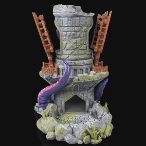 May include: A detailed miniature fantasy castle with a weathered stone texture. The castle features a central tower, a broken top, and two wooden drawbridges. Purple and pink tentacles wrap around the structure, adding a fantastical element.