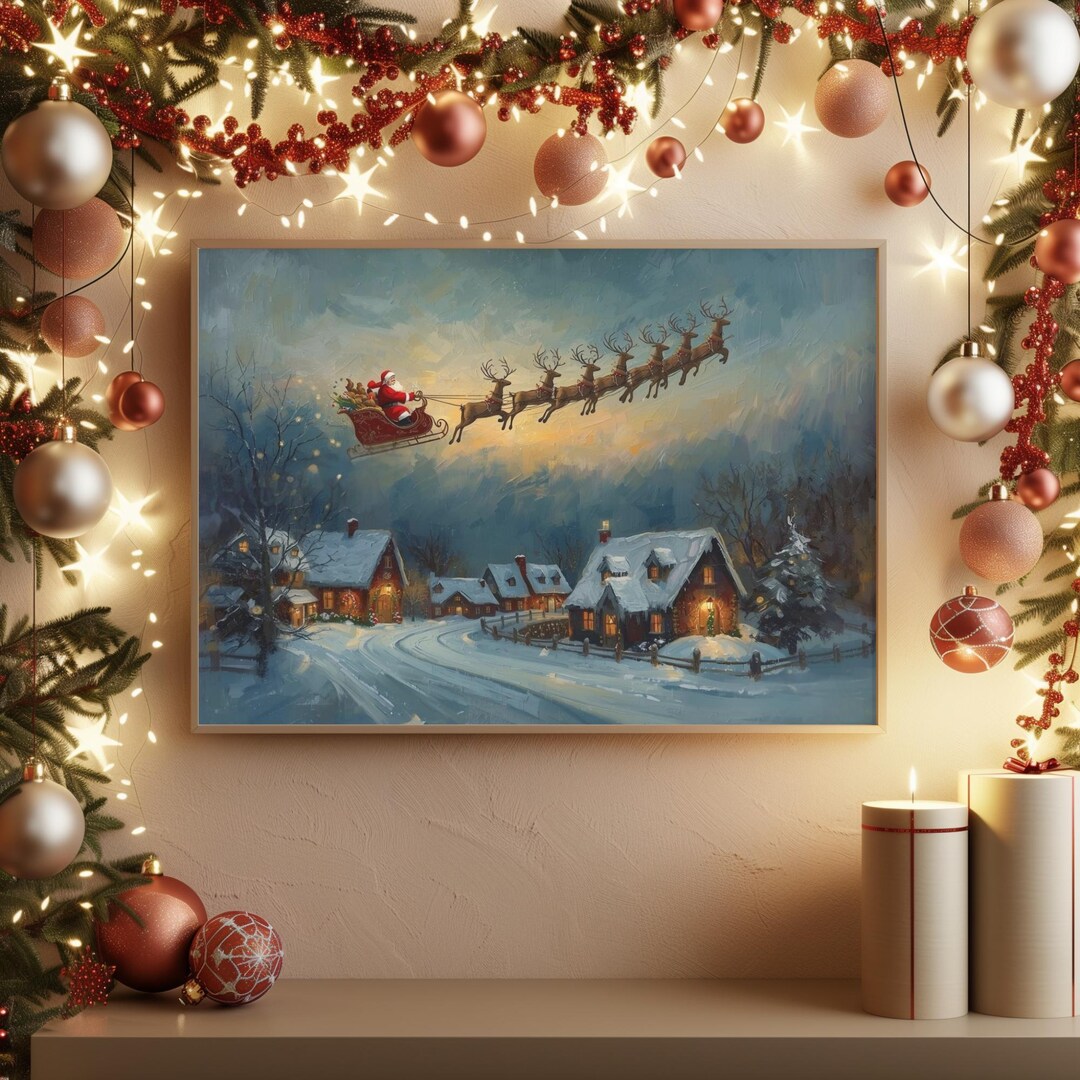 Santa's Sleigh Christmas Painting, Abstract Village Scene (digital ...