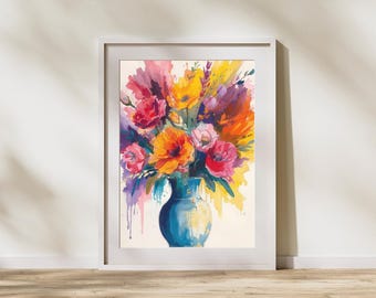 Colorful Floral Wall Art Print, Vibrant Flower Bouquet Painting (Digital Download)