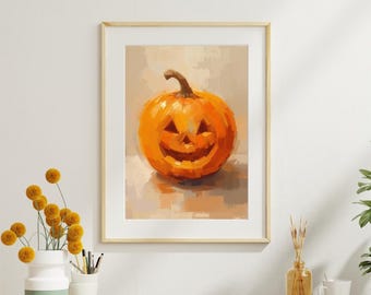 Smiling Jack O’Lantern Pumpkin Print – Halloween Wall Art, Fall Digital Download