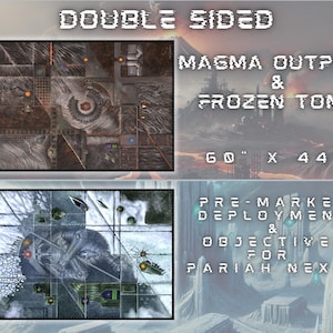 May include: Double-sided game mat featuring "Magma Outpost & Frozen Tomb" with pre-marked deployment and objectives for Pariah Nexus. The mat measures 60" x 44". The design includes a detailed map with various terrain features.