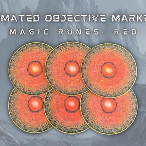 Puede incluir: Seis marcadores de juego circulares rojos con un diseño de orbe central brillante y detalles de borde intrincados. El texto "ANIMATED OBJECTIVE MARKERS MAGIC RUNES: RED" se muestra en la parte superior. El fondo presenta un paisaje montañoso.