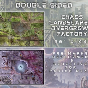 May include: Double-sided game mat featuring a Chaos Landscape & Overgrown Factory design, measuring 60" x 44". The mat includes pre-marked deployment zones and objectives for Pariah Nexus. The top half shows a green and brown terrain, while the bottom half shows a purple and gray terrain.