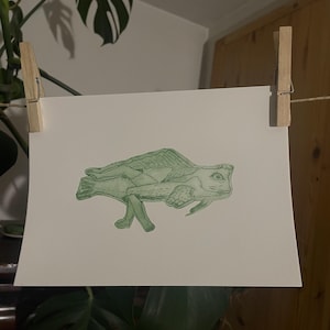 Op de afbeelding: Groene illustratie van een wezen met een visachtige staart en mensachtige benen, gedrukt op wit papier. Het kunstwerk wordt met houten wasknijpers aan een touwtje gehangen, met een monstera plant op de achtergrond.