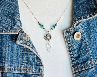 Swarovski Crystal Spike Pendant Necklace, Pewter Connector, Czech Glass Beads