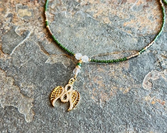 Gold Filled Angel Wing Charm Necklace, Forest Green Seed Beads