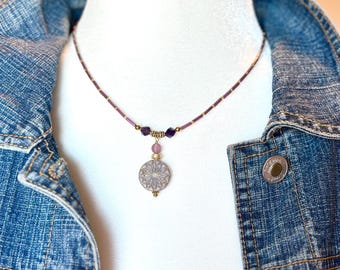 Lilac Czech Glass Necklace, Amethyst, Gold Seed Bead, 16 Inch