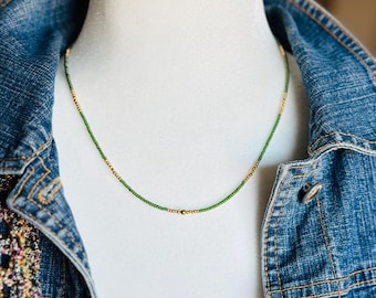 Green & Gold Seed Bead Necklace: Delicate Iridescent Jewelry