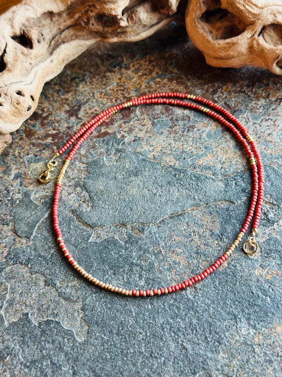 Terra Cotta Seed Bead Necklace: Gold Accents, Delicate Jewelry